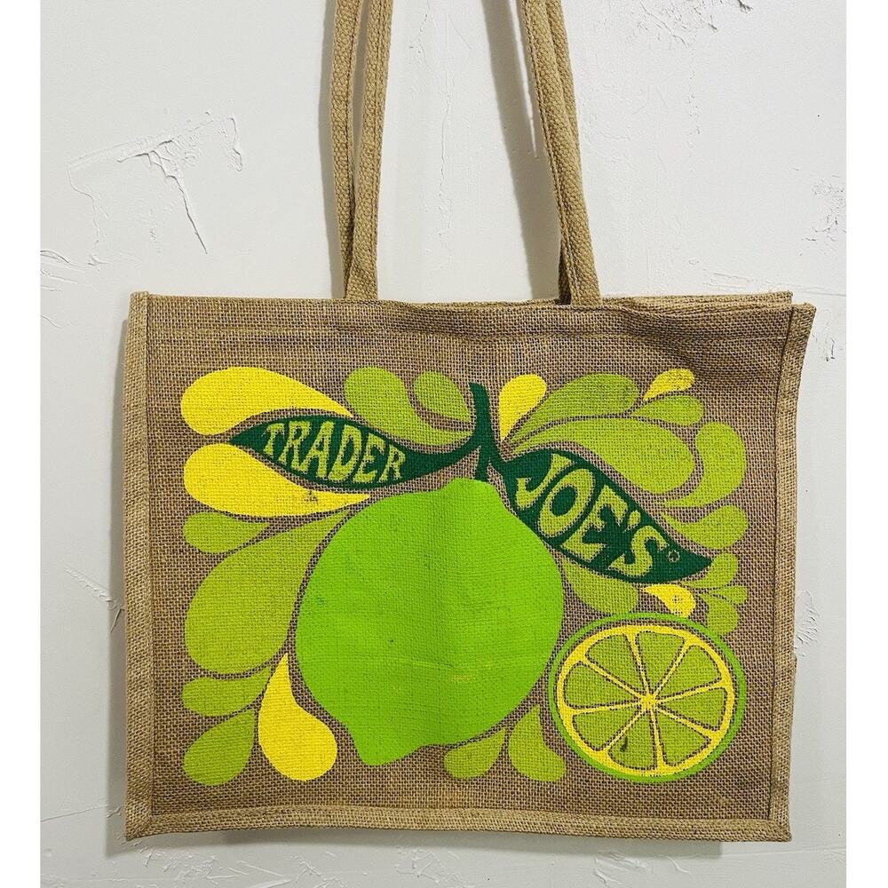 Trader Joes Jute Lemon Lime Tote Reusable Shopping Bag Canvas Bright Zesty Tart